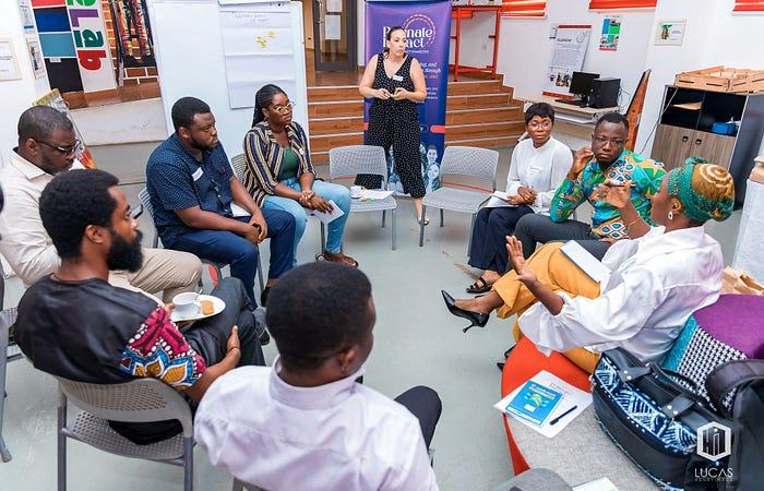 Arielle Molino of Pollinate Impact facilitates a small peer-led discussion of incubators and accelerators hosted in Accra, Ghana in September 2023.